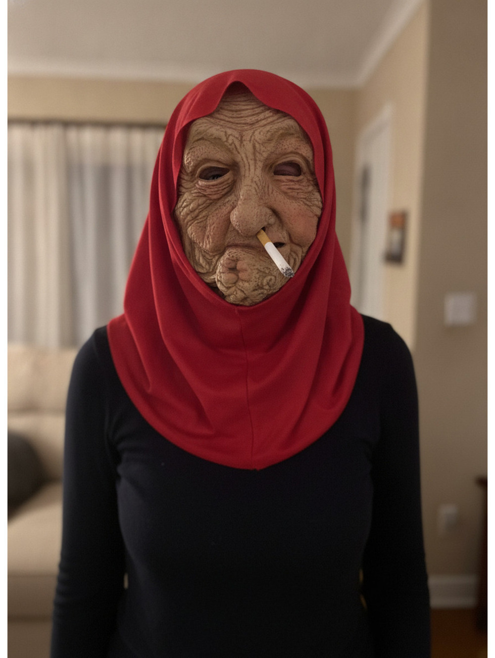 Seasonal Visions Old Nana Mask Adult Halloween Costume Accessory Red Headscarf